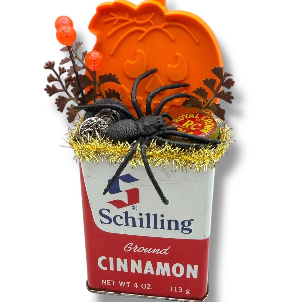 Halloween Cinnamon Spider Assemblage Display Vintage Tin Spice
